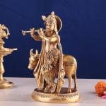 Exquisite Brass Lord Krishna with Cow Idol - Intricately Handcrafted, 8.5" Height